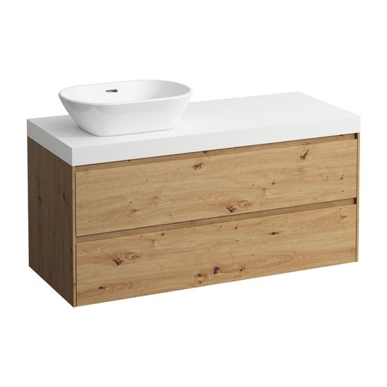 Laufen WT Unterbau u. Platte, Modular System, LANI 495x1185x580mm, Wildeiche, Mattweiß, Ausschn. L, 2 Schubl.