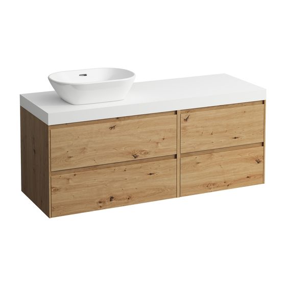 Laufen WT Unterbau u. Platte, Modular System, LANI 495x1370x580mm, Wildeiche, Mattweiß, Ausschn. L, 4 Schubl., 80cm L, 60cm R