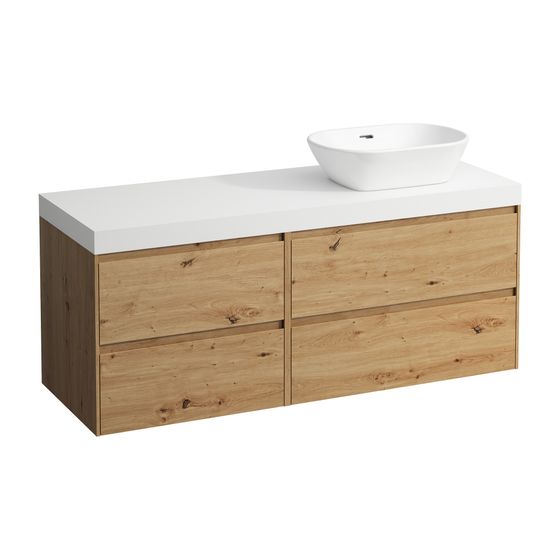 Laufen WT Unterbau u. Platte, Modular System, LANI 495x1370x580mm, Wildeiche, Mattweiß, Ausschn. R, 4 Schubl., 80cm R, 60cm L