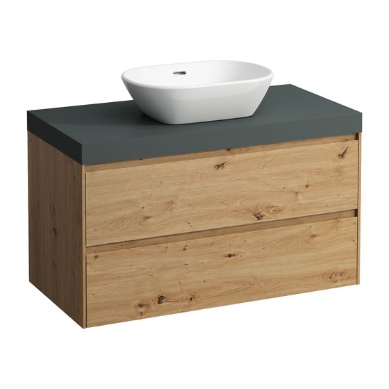 Laufen WT Unterbau u. Platte, Modular System, LANI 495x985x580mm, Wildeiche, V.-grau, Ausschnitt mittig, 2 Schubladen