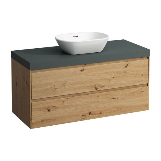 Laufen WT Unterbau u. Platte, Modular System, LANI 495x1185x580mm, Wildeiche, V.-grau, Ausschn. mittig, 2 Schub.