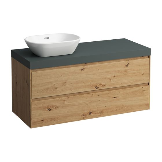 Laufen WT Unterbau u. Platte, Modular System, LANI 495x1185x580mm, Wildeiche, V.-grau, Ausschn. L, 2 Schubl.