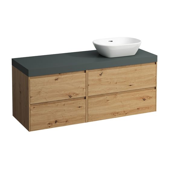 Laufen WT Unterbau u. Platte, Modular System, LANI 495x1370x580mm, Wildeiche, V.-grau, Ausschn. R, 4 Schubl., 80cm R, 60cm L