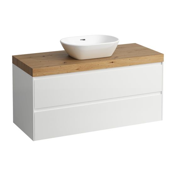 Laufen WT Unterbau u. Platte, Modular System, LANI 495x1185x580mm, Wildeiche, glänz. Weiß, Ausschn. mittig, 2 Schubl.