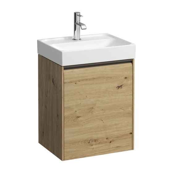 Laufen Waschtischunterbau MEDA 339x437x515mm, Wildeiche, 1 Tür Scharnier rechts, Griffleiste, Glasablage fix, für HWB
