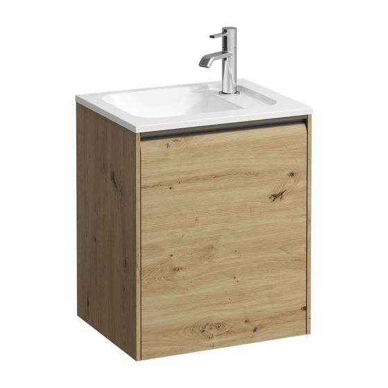 Laufen Waschtischunterbau MEDA 339x437x515mm, Wildeiche, 1 Tür Scharnier rechts, Griffleiste, Glasablage fix, für Möbel-HWB