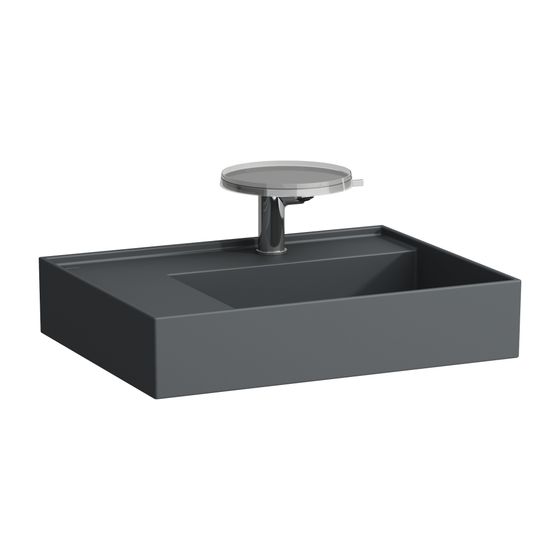 Laufen Waschtisch Kartell 460x600x150mm, Mattgraphit, 2 Hahnlöcher, ohne Überlauf, Ablauf versteckt, Ablage links
