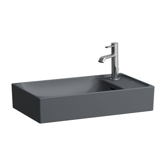 Laufen Waschtisch-Schale MEDA 350x600x150mm, Mattgraphit, asym., 1 Hahnloch, rechts mit Überl., Becken links Hahnlochb. rechts