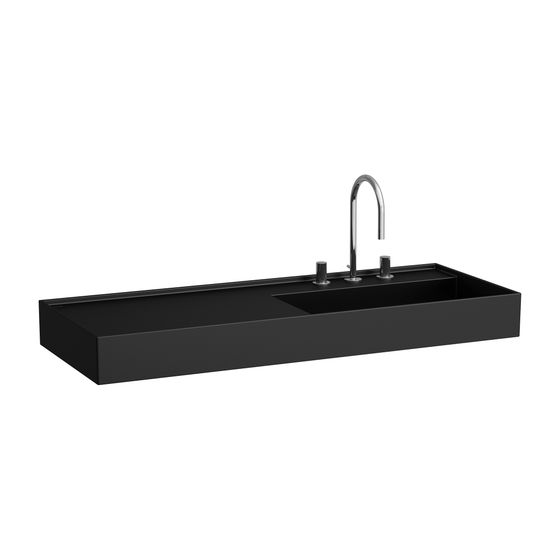 Laufen Waschtisch Kartell 460x1200x150mm, Mattschwarz, 2 Hahnlöcher, ohne Überlauf, Ablauf versteckt, Ablage links