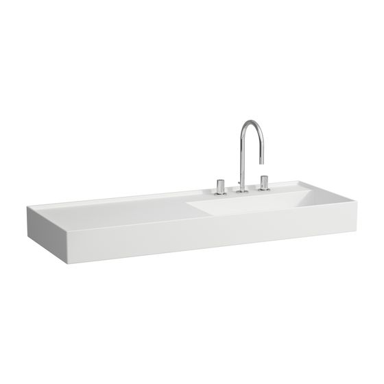 Laufen Waschtisch Kartell 460x1200x150mm, Mattweiß, 2 Hahnlöcher, ohne Überlauf, Ablauf versteckt, Ablage links