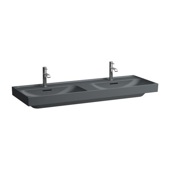 Laufen Doppelwaschtisch, MEDA, 460x1300x160mm, Mattgraphit, 3 Hahnlöcher je Becken mit Überlauf