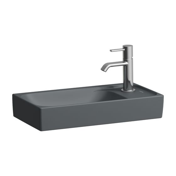 Laufen Handwaschbecken, MEDA, 235x460x115mm, Mattgraphit, asym., ohne Hahnloch/Überlauf, Becken links, Hahnlochbank rechts