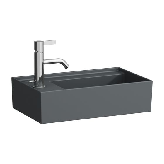 Laufen Handwaschbecken Kartell 280x460x150mm, Mattgraphit, asym. 1 Hahnloch ohne Überlauf, Ablauf versteckt, Armaturenb. links