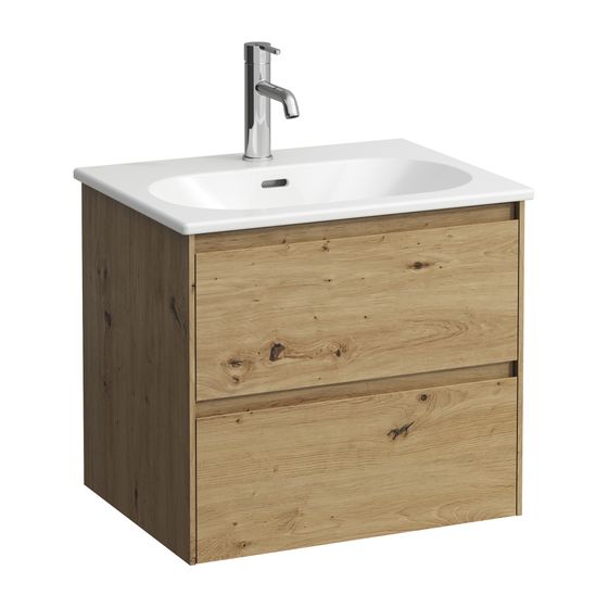 Laufen Waschtisch mit Unterbau LUA SET LANI 455x600x527mm, Wildeiche, Weiß, 1 Hahnloch, 2 Schubladen, Griffleiste, Soft-Close