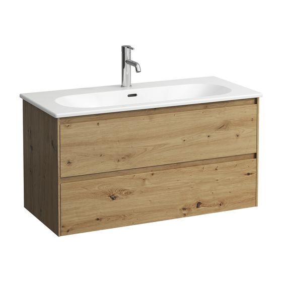 Laufen Waschtisch mit Waschtischunterbau LUA SET LANI 455x1000x527mm, Wildeiche, Weiß, 1 Hahnloch, mit Überlauf mit 2 Schubladen