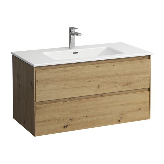 Laufen Waschtisch mit Unterbau Pro S Set LANI 500x1000x540mm, Wildeiche, Weiß, 1 Hahnloch, 2 Schubladen, Griffleiste