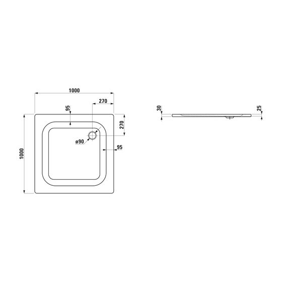 Laufen Duschwanne Platina 1000x1000x25mm, Mattweiß, aus Stahl, Ablauf seitlich, inklusive Schallschutz