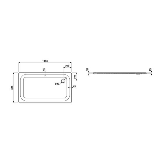 Laufen Duschwanne Platina 800x1400x25mm, Mattweiß, aus Stahl, Ablauf seitlich, inklusive Schallschutz
