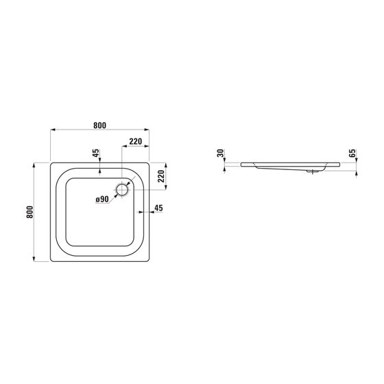 Laufen Duschwanne Platina 800x800x65mm, Mattweiß, aus Stahl, Ablauf seitlich, inklusive Schallschutz