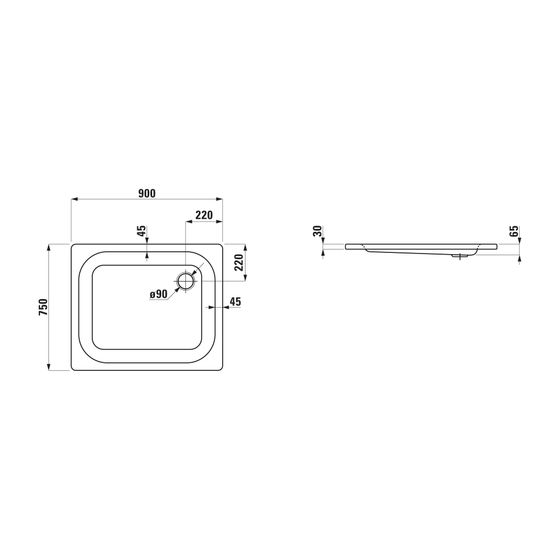 Laufen Duschwanne Platina 900x750x65mm, Mattweiß, aus Stahl, Ablauf seitlich, inklusive Schallschutz
