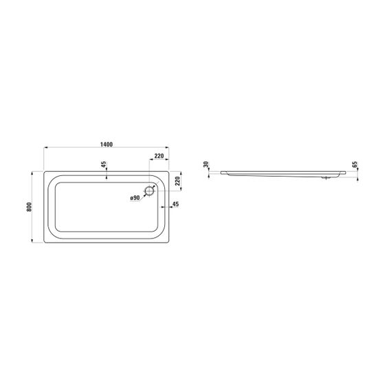 Laufen Duschwanne Platina 800x1400x65mm, Mattweiß, aus Stahl, Ablauf seitlich, inklusive Schallschutz