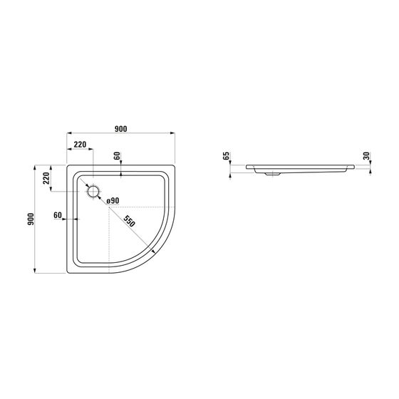 Laufen Duschwanne Viertelkreis Platina 900x900x65mm, Mattweiß, aus Stahl, Ablauf seitlich, inklusive Schallschutz