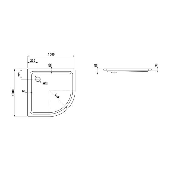 Laufen Duschwanne Viertelkreis Platina 1000x1000x65mm, Mattweiß, aus Stahl, Ablauf seitlich, inklusive Schallschutz