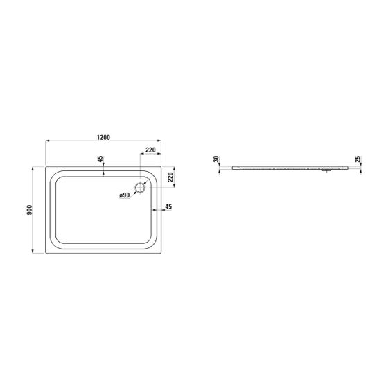 Laufen Duschwanne Platina 900x1200x25mm, Mattweiß, aus Stahl, Ablauf seitlich, inklusive Schallschutz