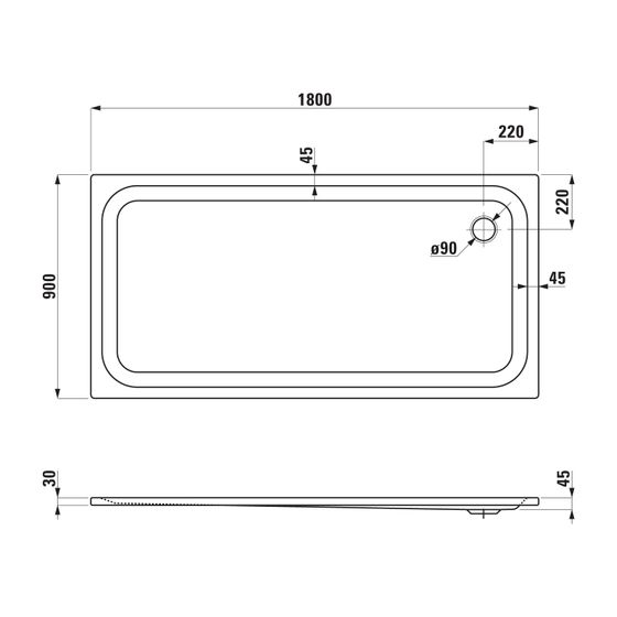 Laufen Duschwanne Platina 900x1800x45mm, Mattweiß, aus Stahl, Ablauf seitlich, inklusive Schallschutz
