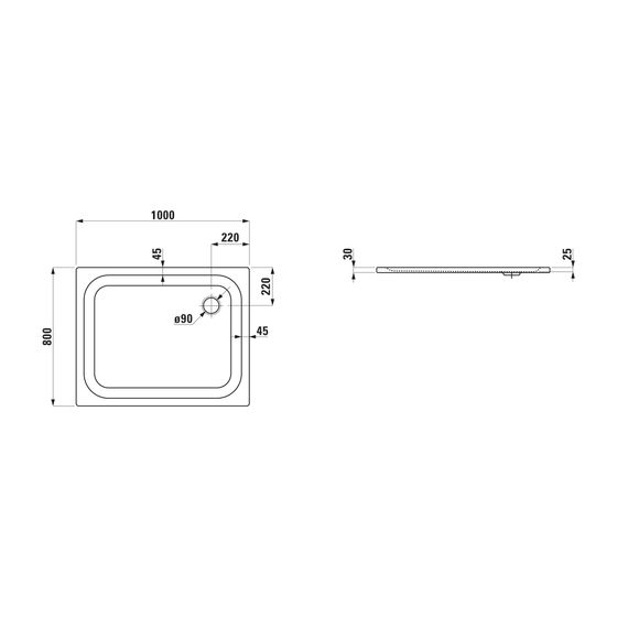 Laufen Duschwanne Platina 800x1000x25mm, Mattweiß, aus Stahl, Ablauf seitlich, inklusive Schallschutz