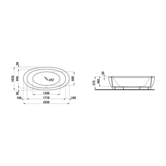 Laufen Freistehende Badewanne, Ilbagnoalessi, 1020x2030x575mm, Weiß, aus Sanitäracryl, mit Mittelablauf, oval