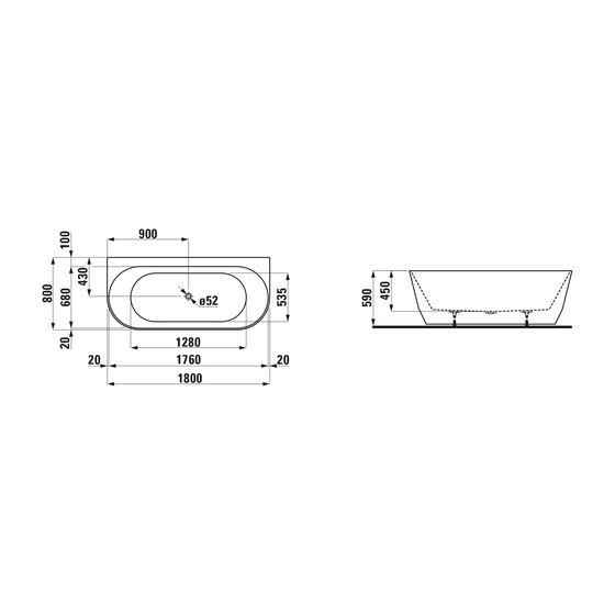 Laufen Einbau-Badewanne Laufen Pro 800x1800x590mm, Weiß, aus Marbond, mit Bohrlöchern inklusive Wannenfüße