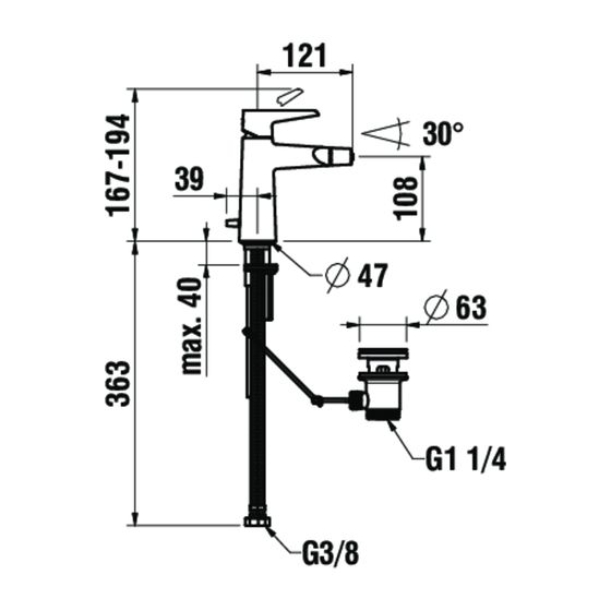 Laufen Einhebel-Waschtischmischer, ohne Ablaufventil, hohe Ausf. Pure Festauslauf Ausla. 190mm, H 302mm, PVD Edelstahl gebürstet