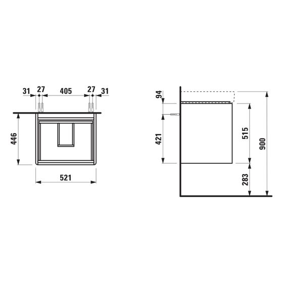 Laufen Waschtischunterbau Base 2.0 446x521x515mm, mit 2 Schubladen, Griffmulde, für H810962, Wildeiche
