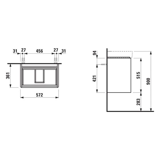 Laufen Waschtischunterbau Base 2.0 361x572x515mm, mit 2 Schubladen, Griffmulde, für H818959, Verkehrsgrau