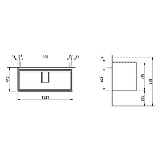 Laufen Waschtischunterbau Base 2.0 446x1021x515mm, mit 2 Schubladen, Griffmulde, für H813966, Verkehrsgrau