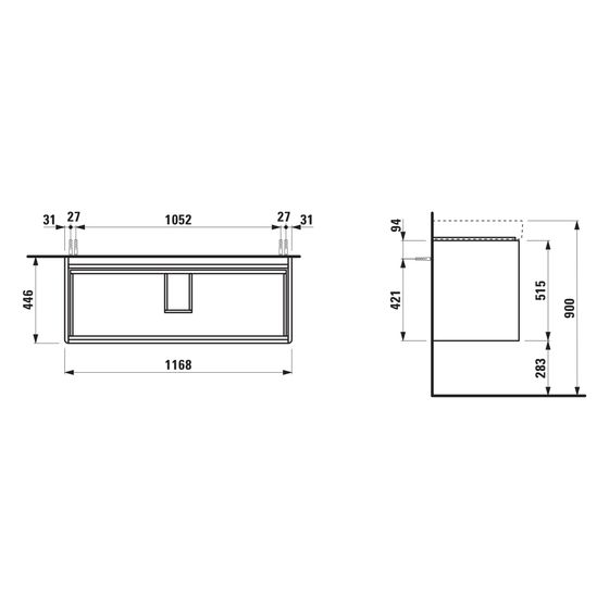 Laufen Waschtischunterbau Base 2.0 446x1168x515mm, mit 2 Schubladen, Griffmulde, für H814965, Weiß glänzend