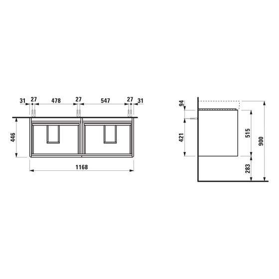 Laufen Waschtischunterbau Base 2.0 446x1168x515mm, mit 4 Schubladen, Griffmulde, für H814966, Wildeiche