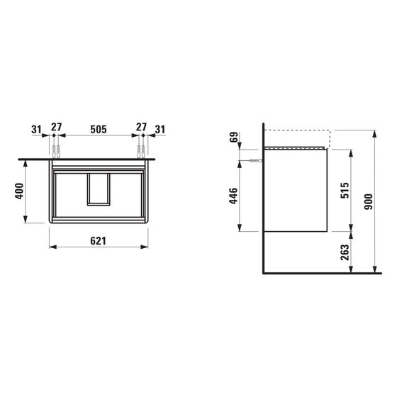 Laufen Waschtischunterbau Base 2.0 400x621x515mm, mit 2 Schubladen, Griffmulde, für H810284, Wildeiche