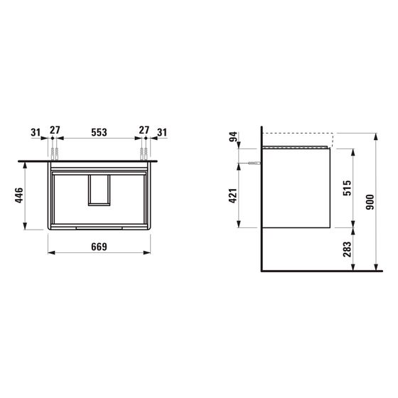 Laufen Waschtischunterbau Juna 446x669x515mm, mit 2 Schubladen und Griffmulde, für H810967, Verkehrsgrau