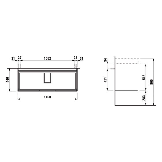 Laufen Waschtischunterbau Juna 446x1168x515mm, mit 2 Schubladen und Griffmulde, für H814965, Wildeiche