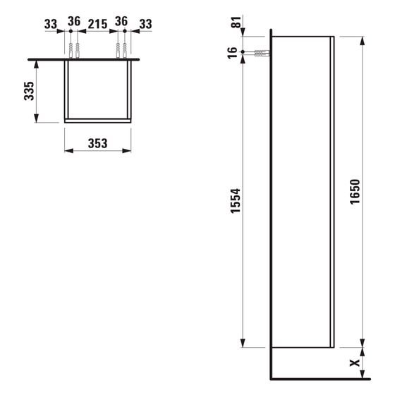 Laufen Hochschrank Juna 335x353x1650mm, mit 1 Tür Anschlag links, 4 Ablagen und Griffmulde, Specialcolor