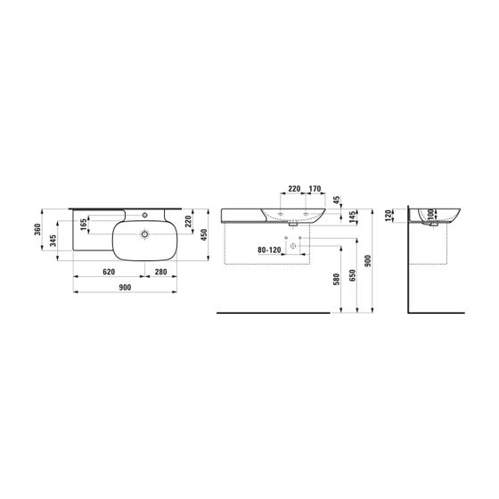 Laufen Waschtisch INO 450x900x145mm, Mattschwarz, ohne Hahnloch, mit Überlauf Ablage links