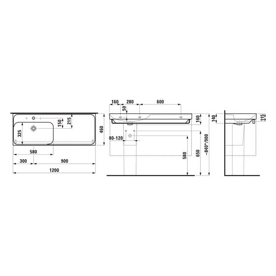 Laufen Waschtisch Meda 460x1200x160mm, Ablage rechts, mit 1 Hahnloch und Überlauf, Schwarz matt