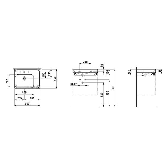 Laufen Waschtisch Meda 460x600x160mm, Ablage rechts, ohne Hahnloch mit Überlauf, Weiß matt