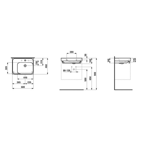 Laufen Waschtisch Meda 460x600x160mm, Ablage links, ohne Hahnloch mit Überlauf, Graphit matt