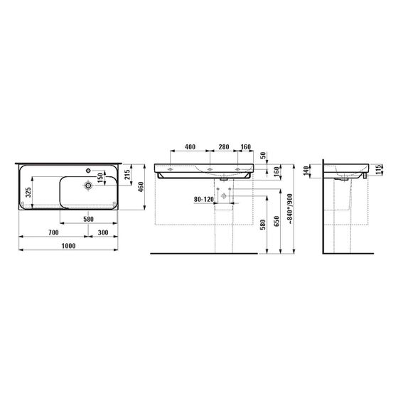 Laufen Waschtisch Meda 460x1000x160mm, Ablage links, ohne Hahnloch und Überlauf, Weiß