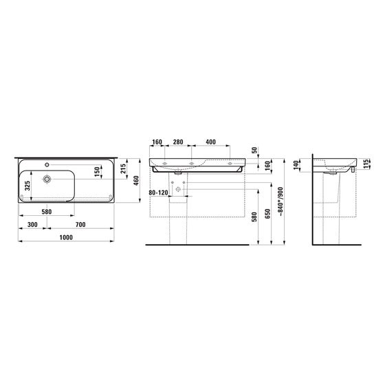 Laufen Waschtisch Meda 460x1000x160mm, Ablage rechts, mit 3 Hahnlöcher, ohne Überlauf, Weiß matt