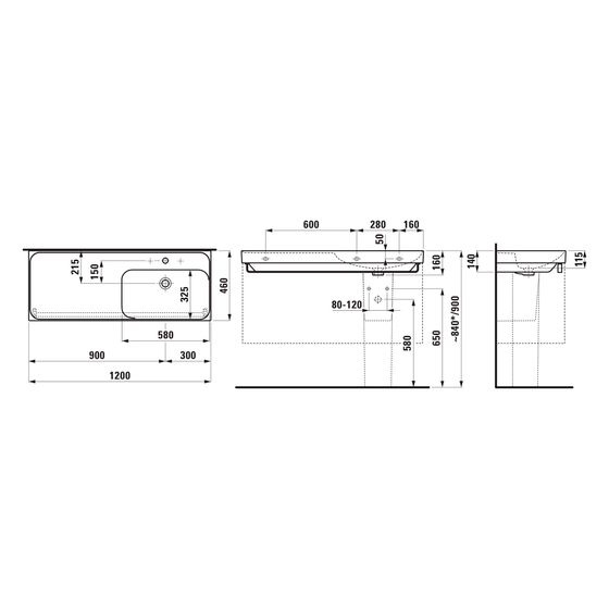 Laufen Waschtisch Meda 460x1200x160mm, Ablage links, mit 3 Hahnlöcher mit Überlauf, Graphit matt