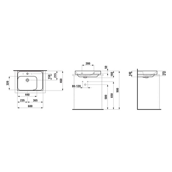 Laufen Aufsatzwaschtisch Meda 460x600x160mm, Ablage rechts, mit 1 Hahnlöcher, ohne Überlauf, Graphit matt